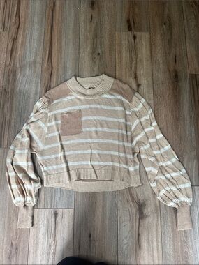 Free People Beige and White Striped Cropped Sweater